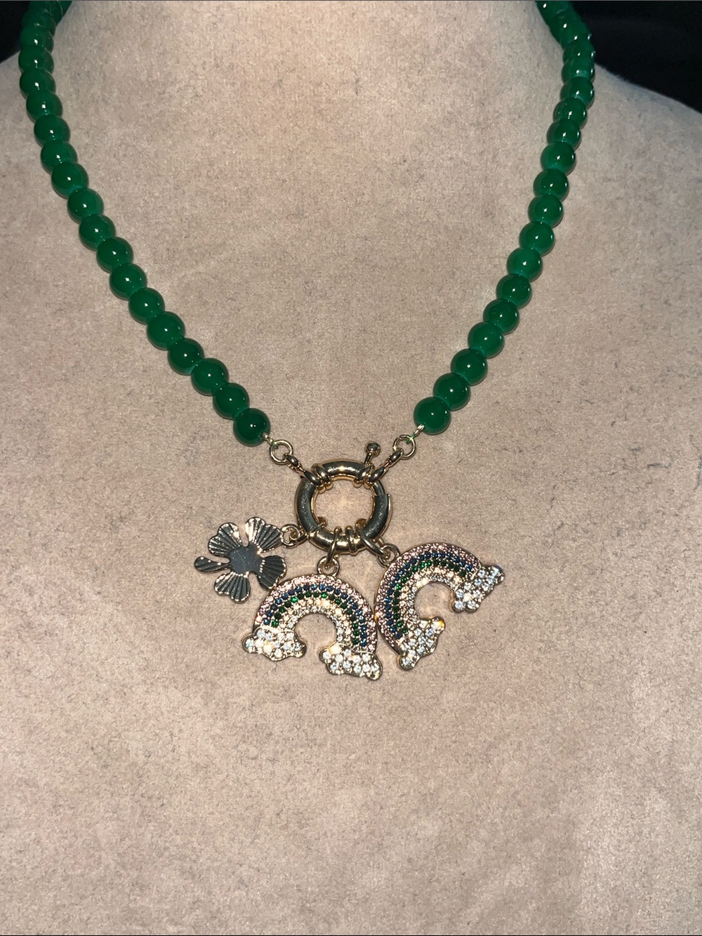 Green Beaded Necklace with Gold Rainbow Charms